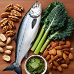 fetter Fisch, Nüsse, grünes Gemüse Bild mit Hilfe von KI erstellt