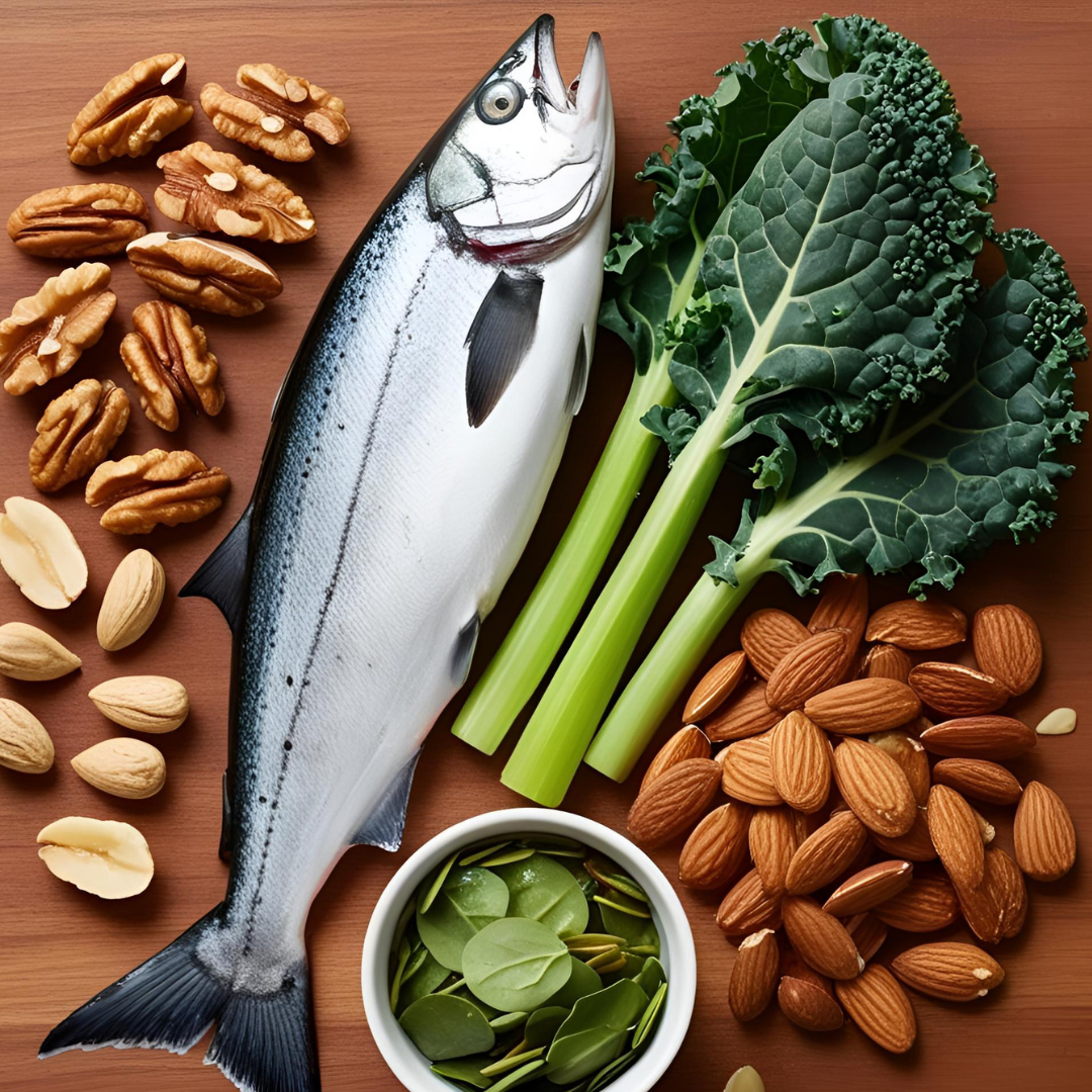 fetter Fisch, Nüsse, grünes Gemüse Bild mit Hilfe von KI erstellt